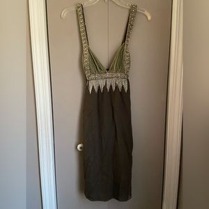 Moss green velvet cocktail dress with beading